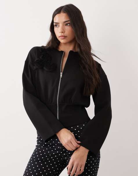 ASOS DESIGN – Svart, dubbelstickad sweatshirt med dragkedja och corsage - view 1