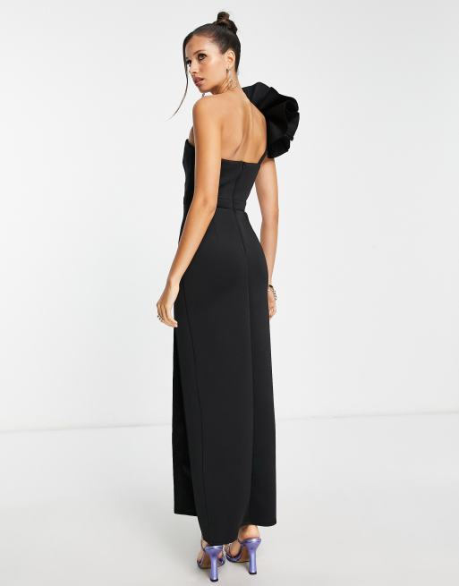 ASOS DESIGN – Svart enaxlad maxiklänning med hjärtformad ringning, hög slits och corsage, 2 av 4