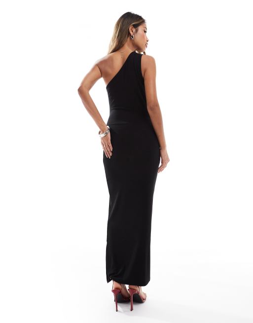 ASOS DESIGN – Svart, enaxlad midiklänning med veckade detaljer, 2 av 4