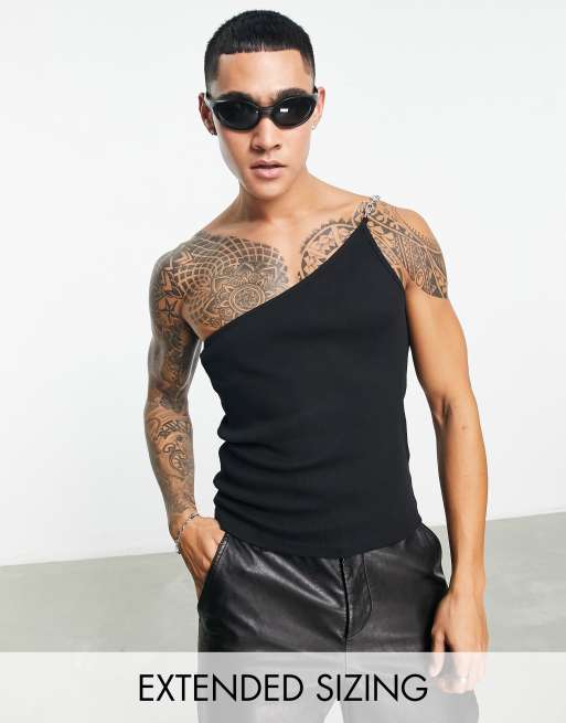 ASOS DESIGN – Svart, enaxlat linne i muscle fit med kedjerem 
