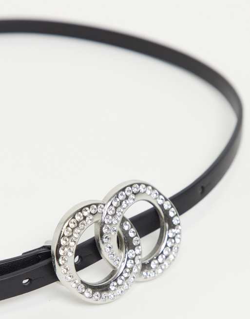 ASOS DESIGN – Svart extra smalt skärp med strassprytt spänne med dubbla ringar, 3 av 4