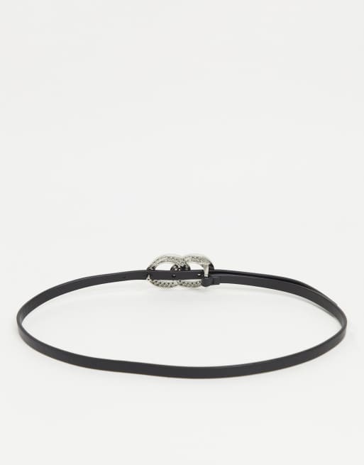 ASOS DESIGN – Svart extra smalt skärp med strassprytt spänne med dubbla ringar, 4 av 4