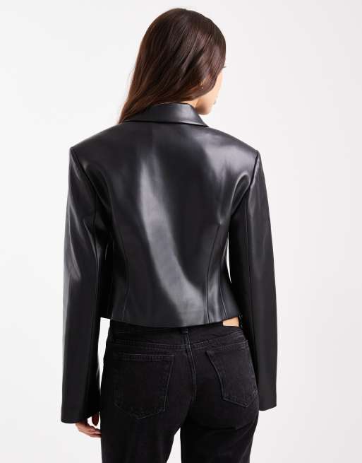 ASOS DESIGN – Svart figursydd jacka i läderimitation med krage, del av set, 4 av 4
