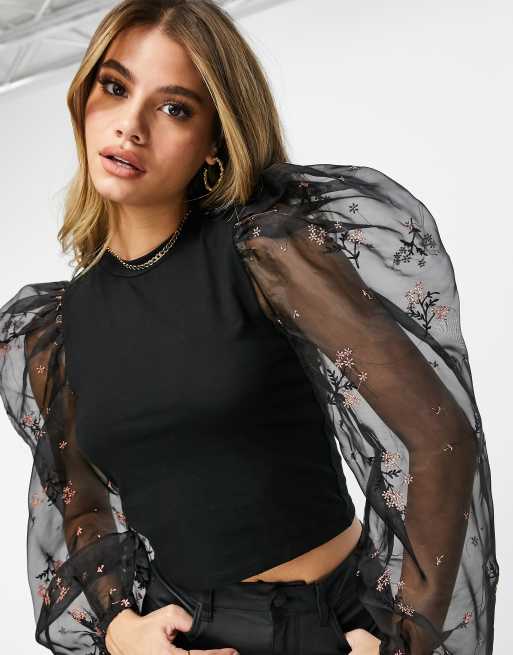 ASOS DESIGN – Svart figursydd topp med vida ärmar i broderad organza, 4 av 4