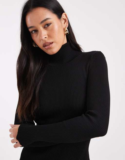 ASOS DESIGN – Svart, finstickad och ribbad topp i lång modell med ståkrage, 2 av 4