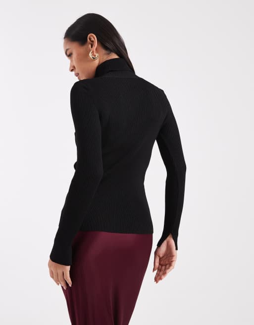 ASOS DESIGN – Svart, finstickad och ribbad topp i lång modell med ståkrage, 4 av 4