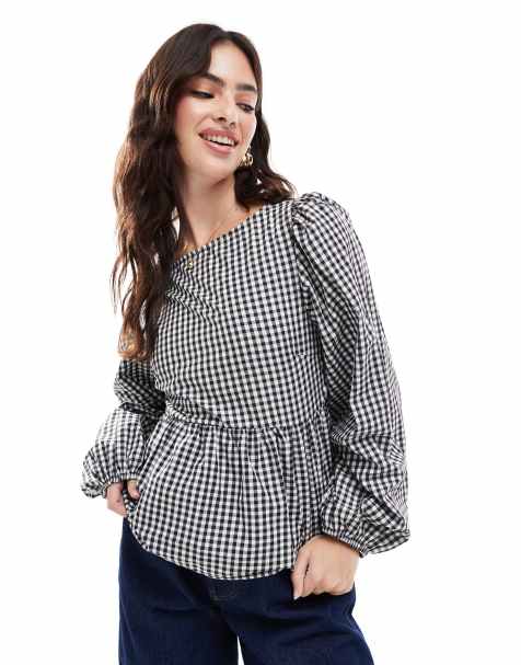 ASOS DESIGN – Svart, ginghamrutig poplinblus med långa ärmar och rysch baktill - view 1