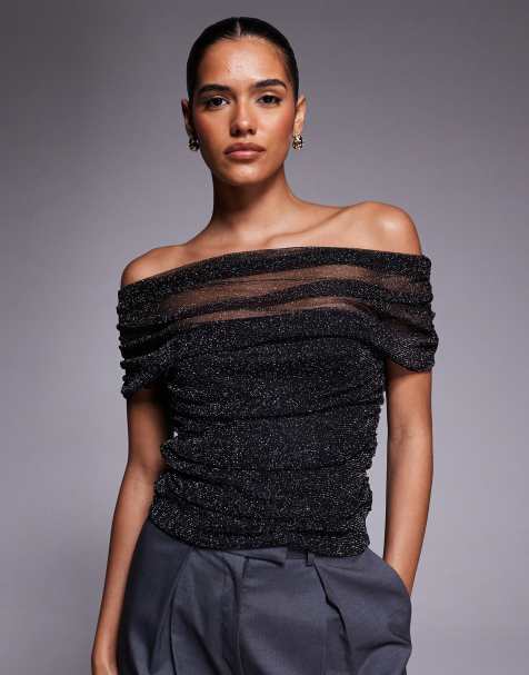 ASOS DESIGN – Svart, glittrig topp i mesh med draperad axel och rysch - view 1
