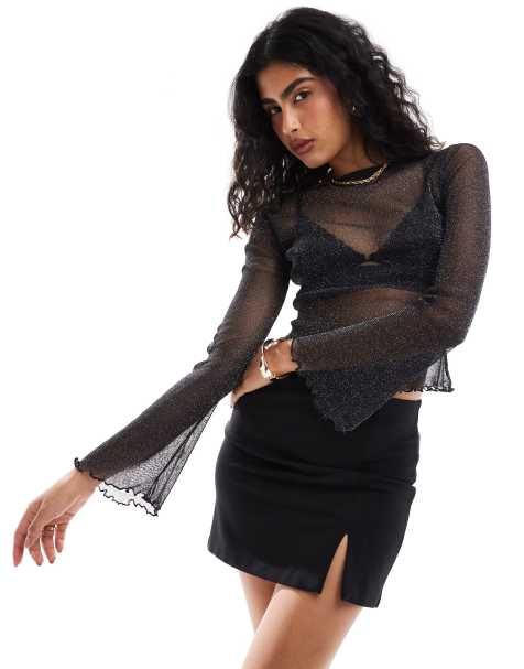 ASOS DESIGN – Svart, glittrig topp i mesh med utsvängda ärmar - view 1