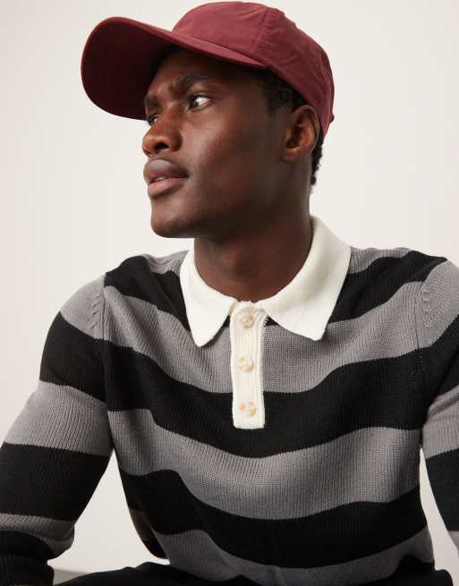 ASOS DESIGN – Svart, grårandig och stickad pikétröja i rugbystil