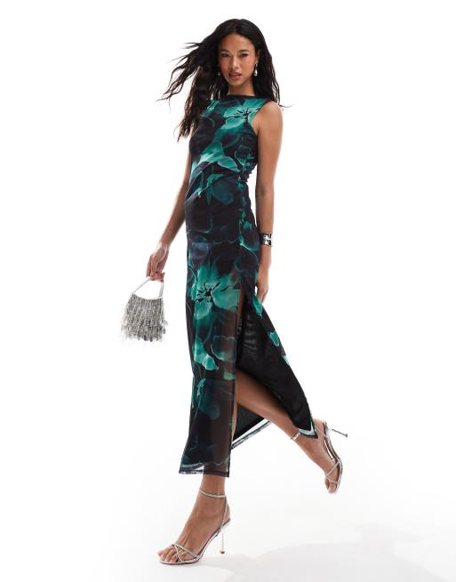 ASOS DESIGN – Svart, grönblommig och ärmlös maxiklänning med låg rygg