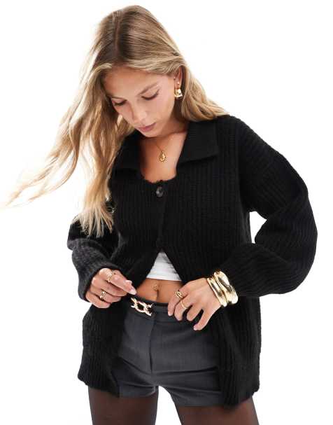 ASOS DESIGN – Svart, grovstickad kofta i oversize med krage - view 1