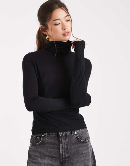 ASOS DESIGN – Svart, halvskir figurnära topp med långa ärmar och ståkrage