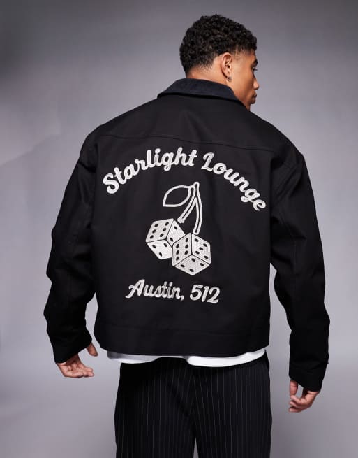 ASOS DESIGN – Svart Harrington-jacka i oversize med boxig passform och broderi fram- och baktill