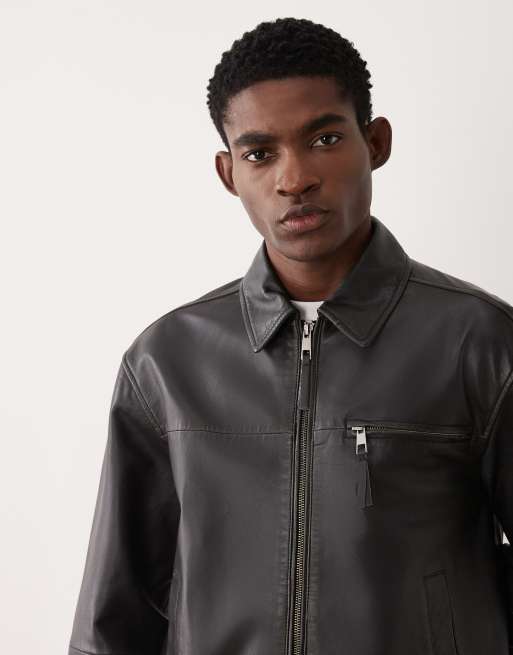 ASOS DESIGN – Svart harrington-jacka i oversize och äkta läder, 5 av 5