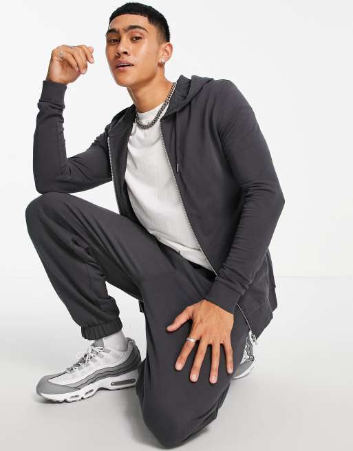 ASOS DESIGN – Svart huvtröja i muscle fit med dragkedja – GREY