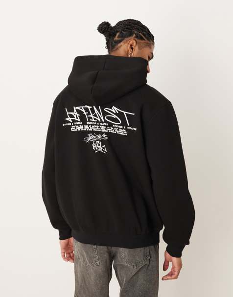 ASOS DESIGN – Svart huvtröja i oversize med avslappnad passform och textryck - view 1