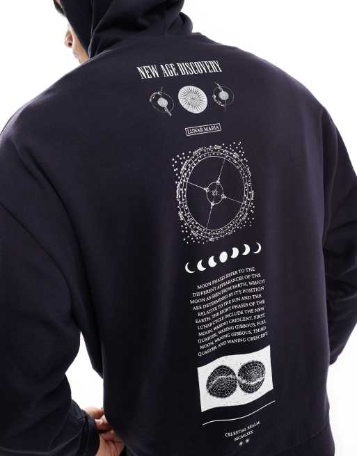 ASOS DESIGN – Svart huvtröja i oversize med tryck längs ryggraden