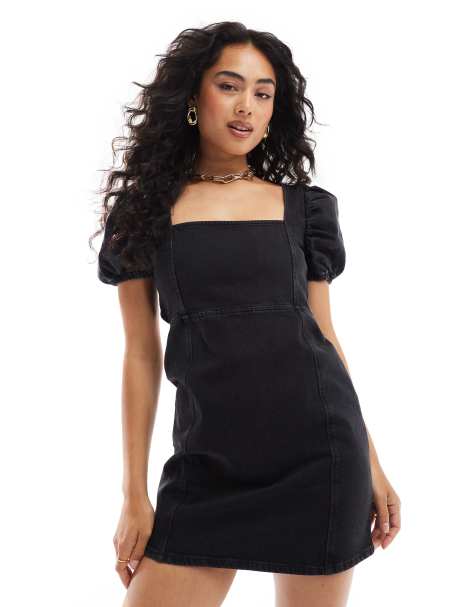 ASOS DESIGN – Svart jeansklänning i minilängd med puffärmar - view 1