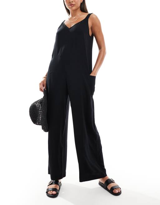 ASOS DESIGN – Svart jumpsuit för stranden med ficka 