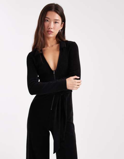 ASOS DESIGN – Svart jumpsuit i manchester med vida ben, krage och dragkedja, 3 av 4