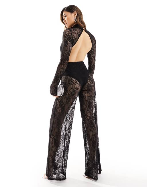 ASOS DESIGN – Svart jumpsuit med body, vida ben och topplager i spets, 2 av 4