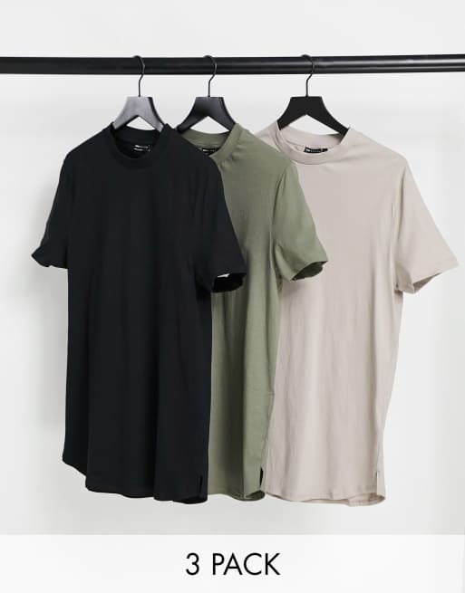 ASOS DESIGN – Svart, kakifärgad och ljusbeige t-shirt i lång modell, 3-pack