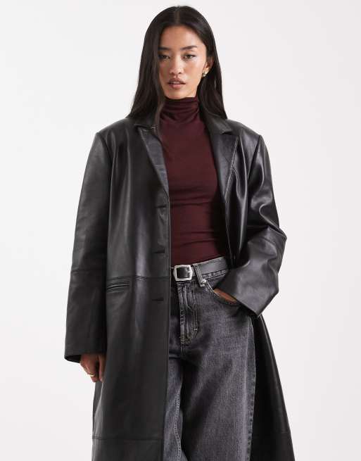 ASOS DESIGN – Svart kappa i äkta läder och lång dad-modell, 2 av 4