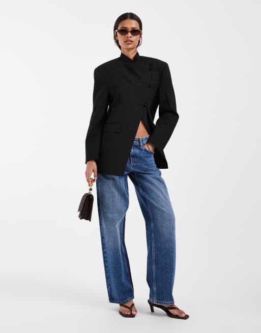 ASOS DESIGN – Svart kavaj i omlottdesign med ståkrage och ögleknäppning, 2 av 4
