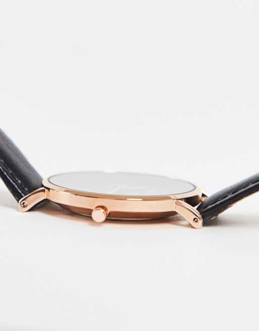 ASOS DESIGN – Svart, klassisk klocka med läderarmband och roséguldiga detaljer, 4 av 4