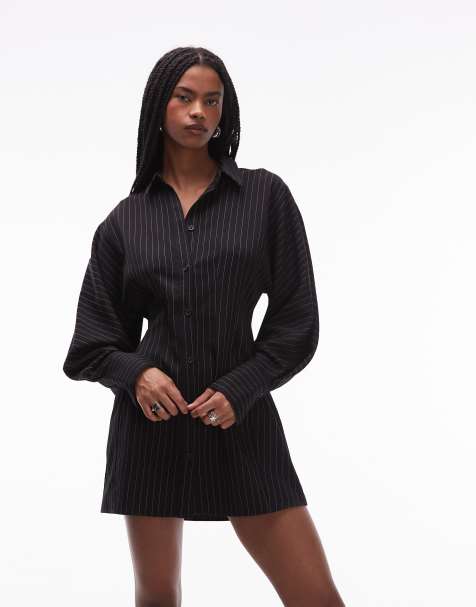 ASOS DESIGN – Svart, kort skjortklänning med kritstrecksränder och markerad midja - view 1