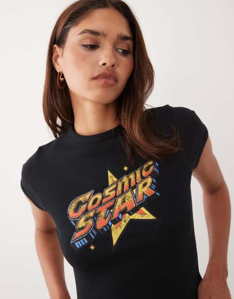 ASOS DESIGN – Svart, kort t-shirt med kosmiskt stjärntryck - view 1