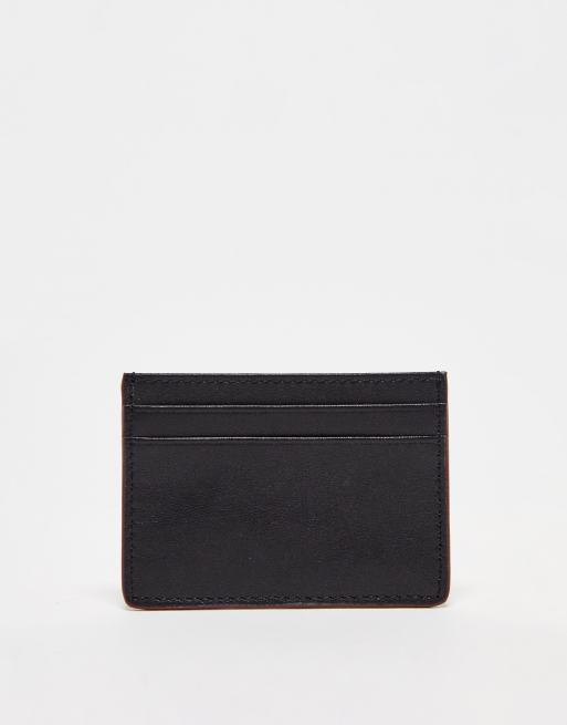 ASOS DESIGN – Svart korthållare i äkta läder med vinröd kant