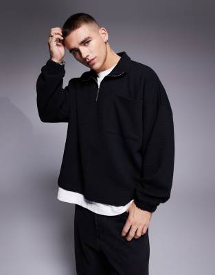 ASOS DESIGN – Svart, kraftig och ribbad sweatshirt i oversize med boxig passform och kort dragkedja - view 1
