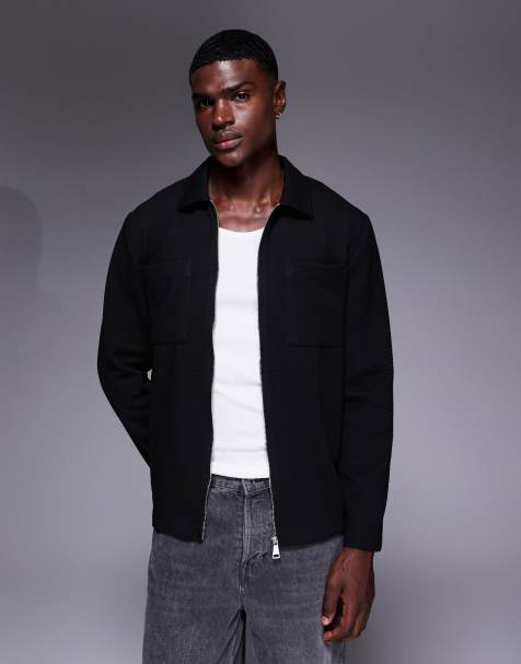 ASOS DESIGN – Svart, kraftig skjortjacka i ribbad jacquard med dragkedja - view 1