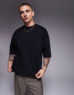 ASOS DESIGN – Svart, kraftig t-shirt med boxig oversize-passform och halvlånga ärmar - view 1