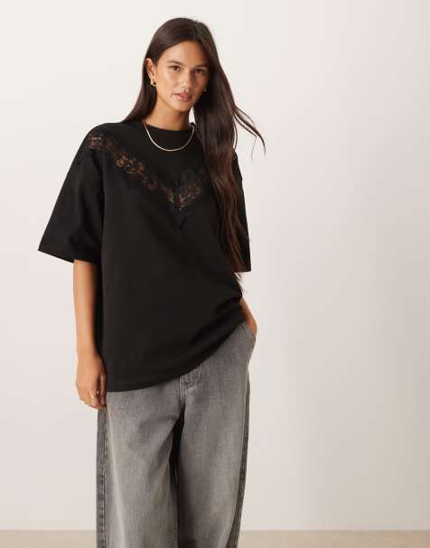 ASOS DESIGN – Svart, kraftig t-shirt med spets och lång modell - view 1