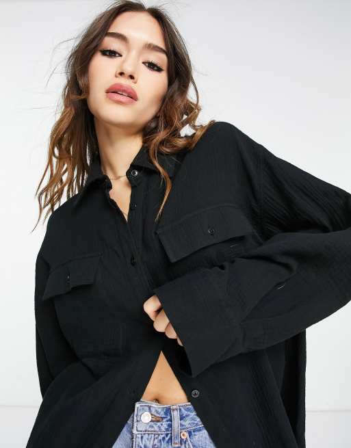 ASOS DESIGN – Svart krinklad skjorta i oversize med breda ärmslut, 4 av 4
