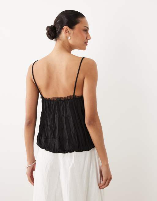ASOS DESIGN – Svart, krinklat linne med ballongfåll och meshkant, 4 av 4