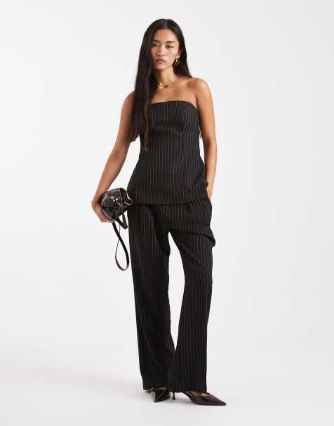 ASOS DESIGN – Svart, kritstrecksrandig, figursydd bandeau-topp, del av set - view 1