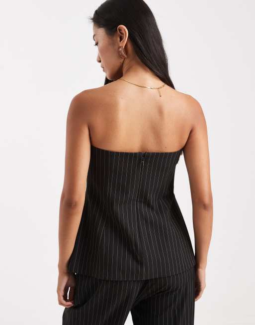 ASOS DESIGN – Svart, kritstrecksrandig, figursydd bandeau-topp, del av set, 3 av 4