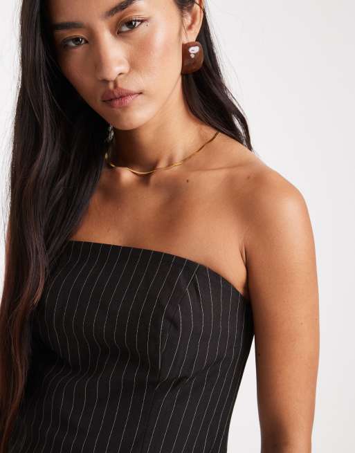 ASOS DESIGN – Svart, kritstrecksrandig, figursydd bandeau-topp, del av set, 4 av 4