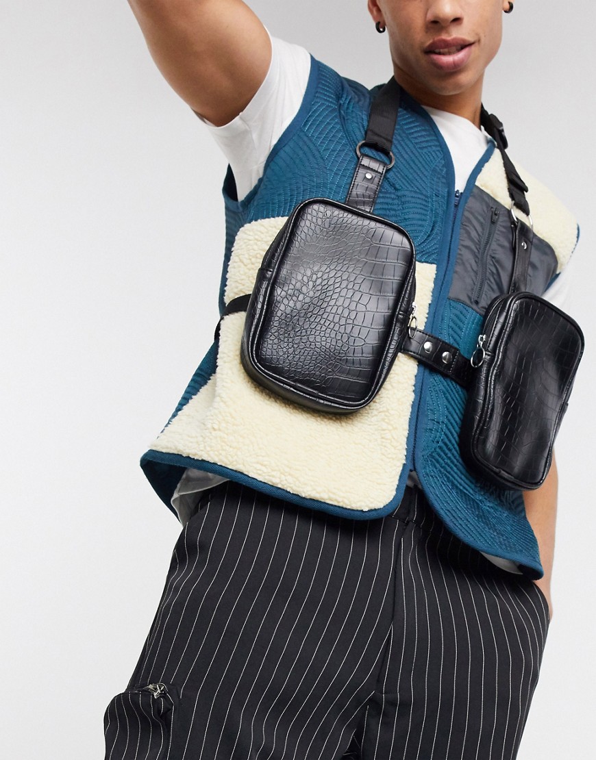ASOS DESIGN – Svart, krokodilmönstrad väska i läderimitation med accessoar