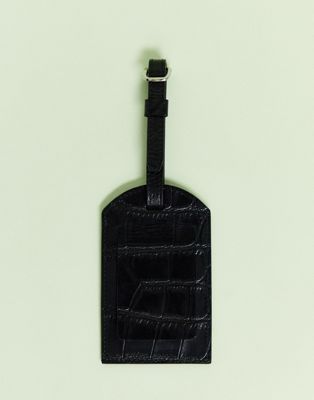 ASOS DESIGN – Svart krokodilskinnsmönstrad bagage-etikett i läder