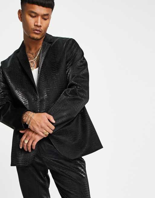 ASOS DESIGN – Svart krokodilskinnsmönstrad kavaj av läderimitation i oversize med axelvaddar, del av kostym