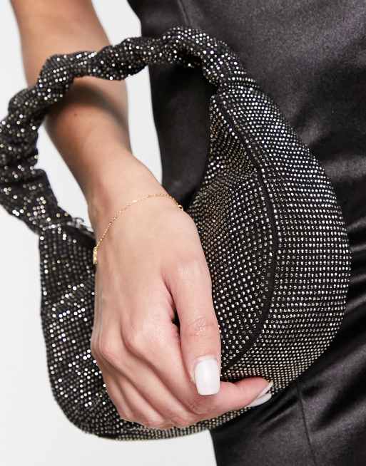ASOS DESIGN – Svart kuvertväska med rynkat handtag och strass