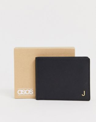 ASOS DESIGN – Svart läderplånbok med bokstaven J