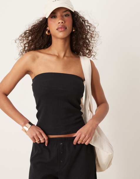 ASOS DESIGN – Svart, lång bandeau-topp med våffelstruktur - view 1
