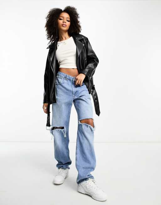 ASOS DESIGN – Svart, lång bikerjacka i läderimitation och oversize-modell, 2 av 4