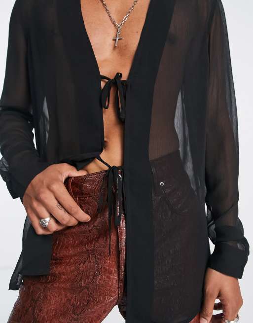 ASOS DESIGN – Svart lång skir skjorta med knytfäste framtill - BLACK, 3 av 4